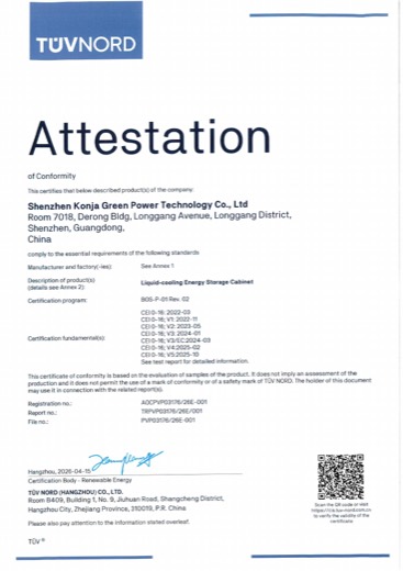 CEI 0-16 certificate for KONJA Power, issued by TÜV NORD