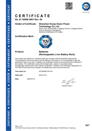IEC 62619 certificate for KONJA Power, issued by TÜV SÜD